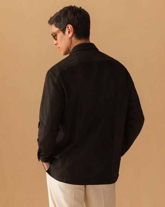 Suede Button Through Overshirt Brown Model Back Image