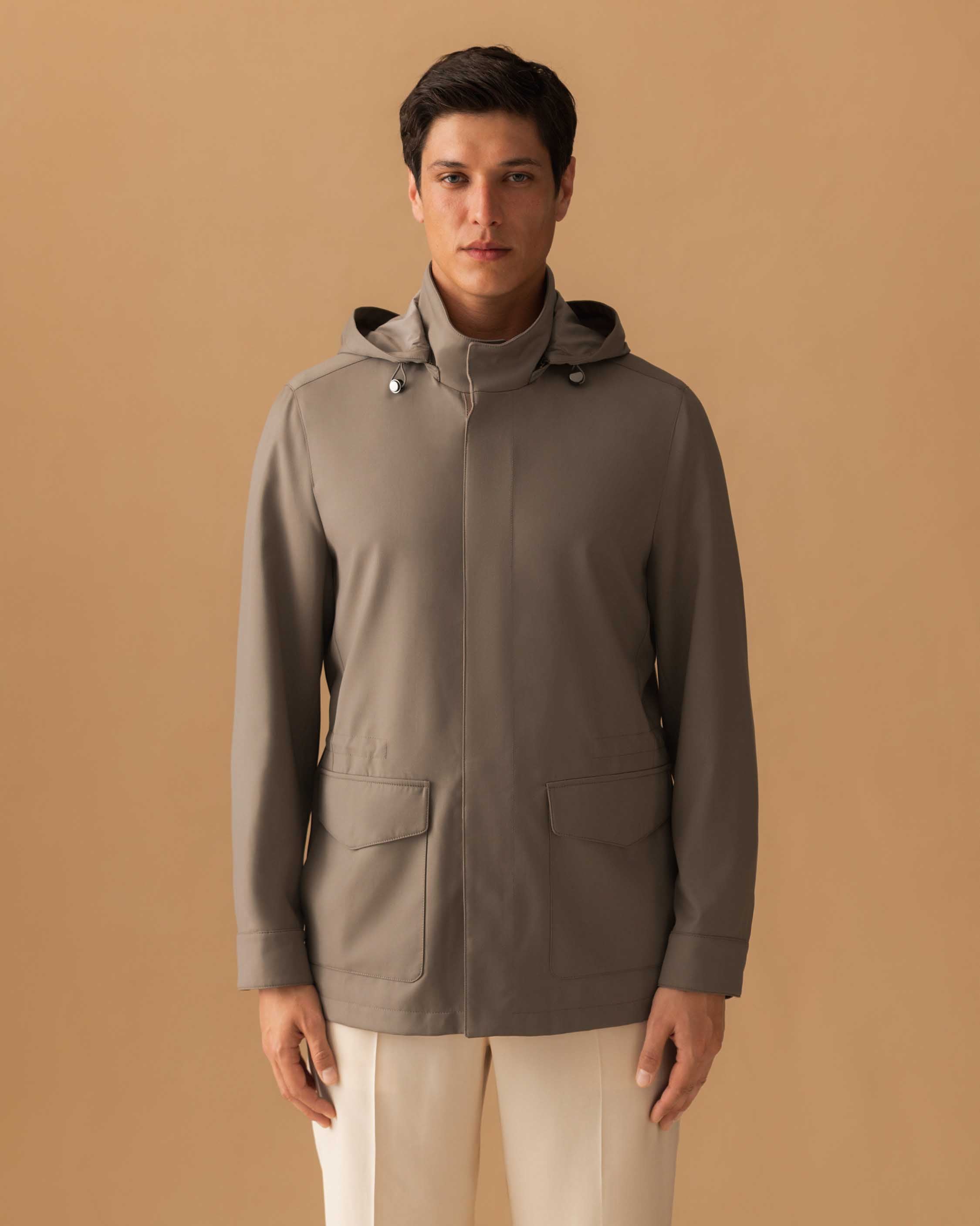 Technical Wool Field Jacket Taupe Model Cropped Image