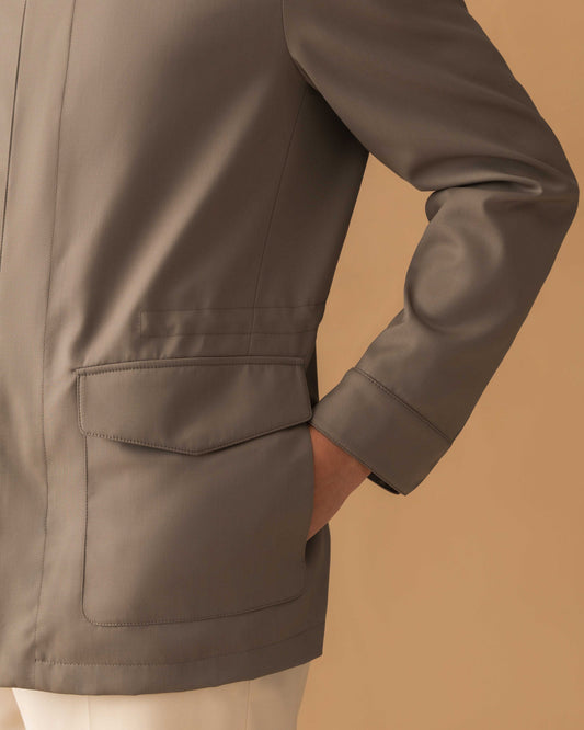 Technical Wool Field Jacket Taupe Model Pockets Image