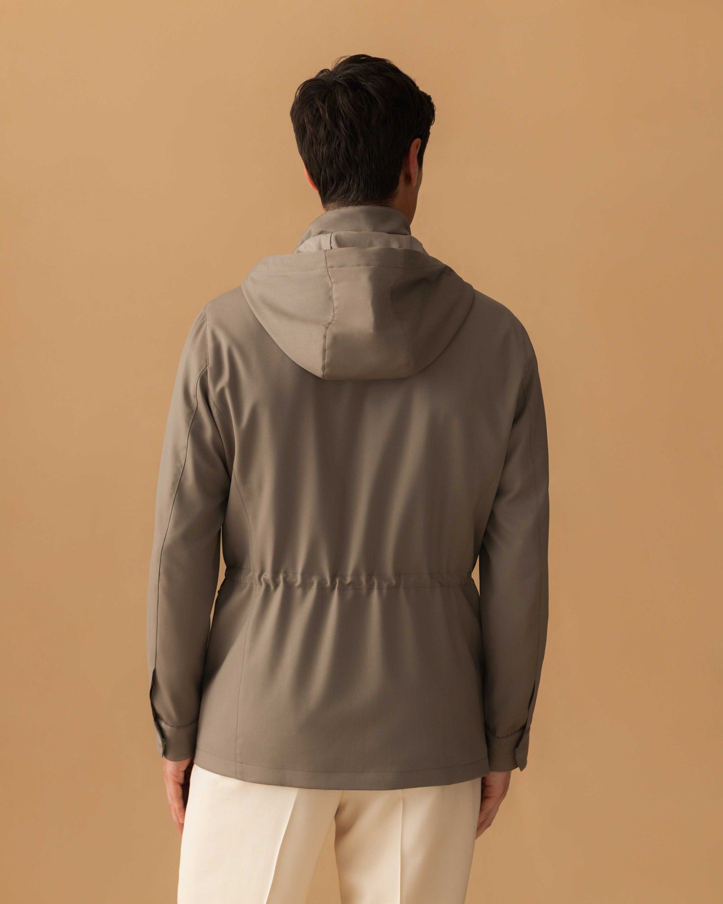 Technical Wool Field Jacket Taupe Model Cropped Back Image