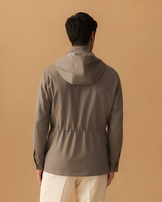 Technical Wool Field Jacket Taupe Model Cropped Back Image