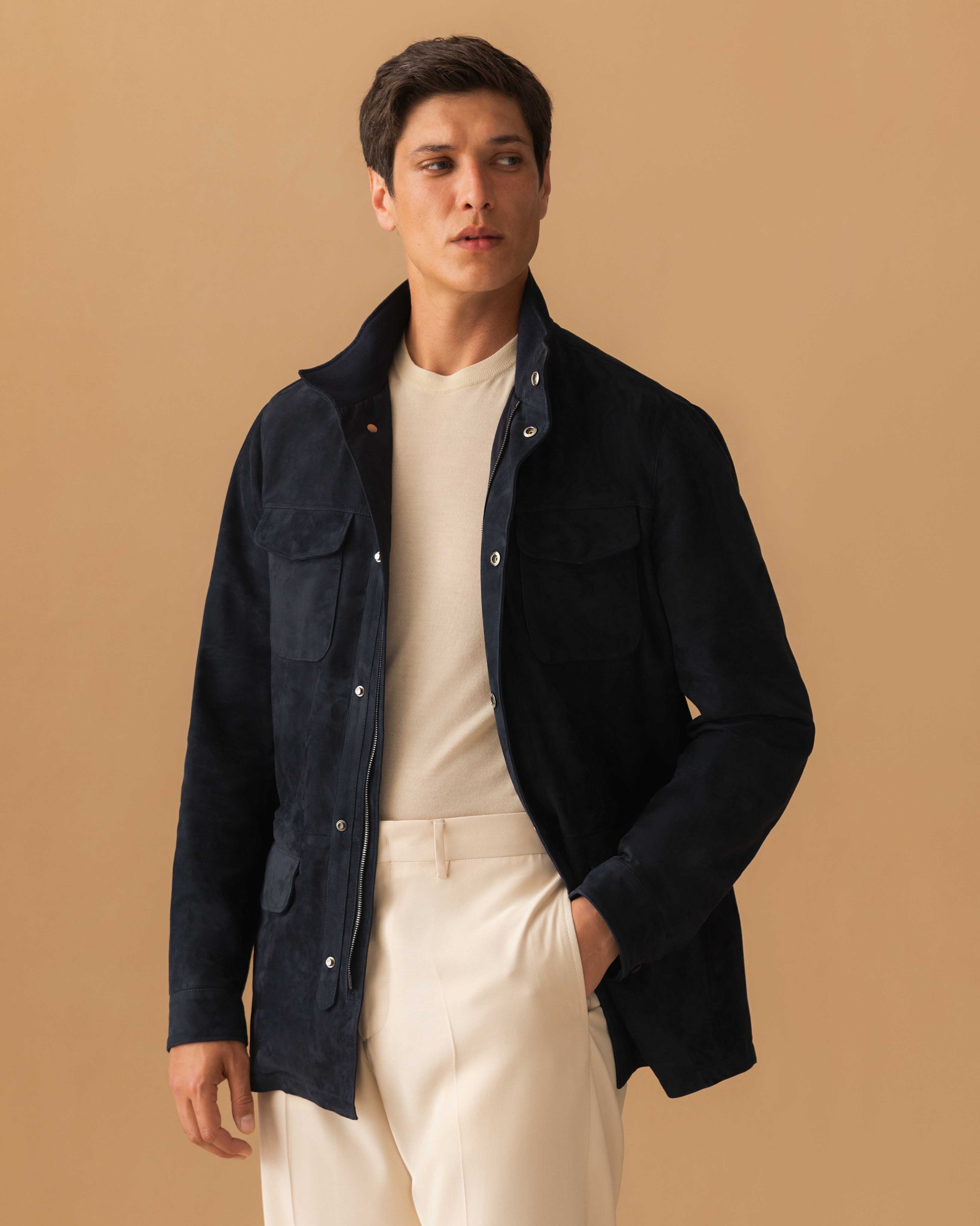 Suede Field Jacket Navy Model Cropped Image