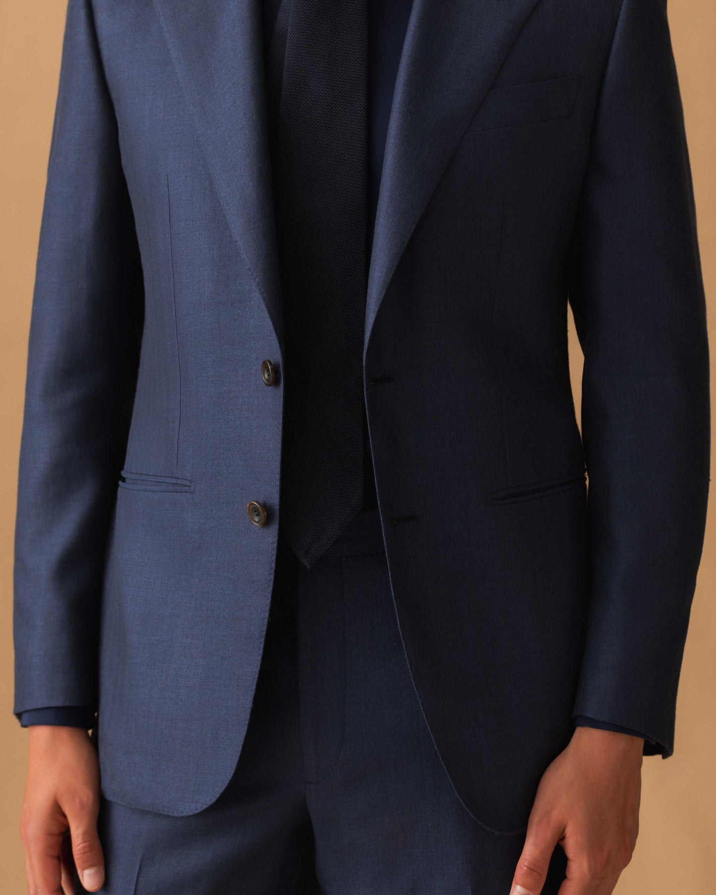 Wool Silk Single Breasted Suit Midnight Navy Jacket Model Cropped Image