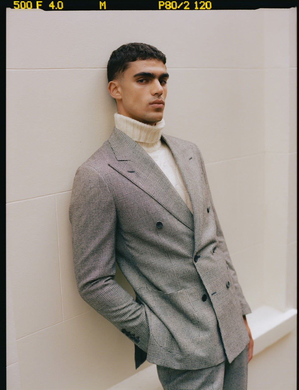 Wool Double Breasted Patch Pocket Suit Black And White Campaign Image