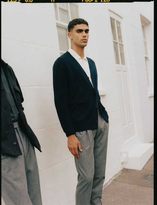 Wool Cashmere Lightweight Cardigan Navy Campaign Image