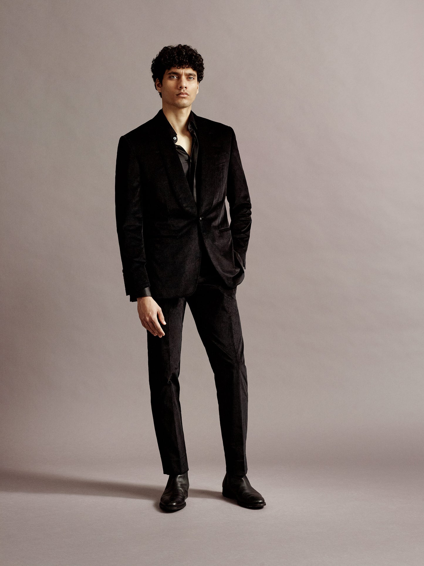 Corduroy Shawl Lapel Dinner Suit Black Full Length Model Image
