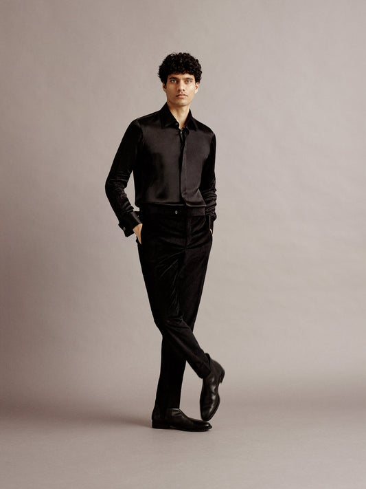 Silk Lecce Collar Fly Front Shirt Black Full Length Model Image