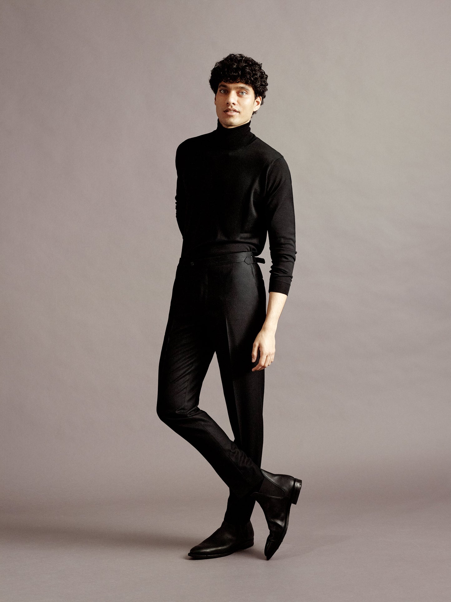 Merino Wool Extrafine Roll Neck Sweater Black Full Length Model Image