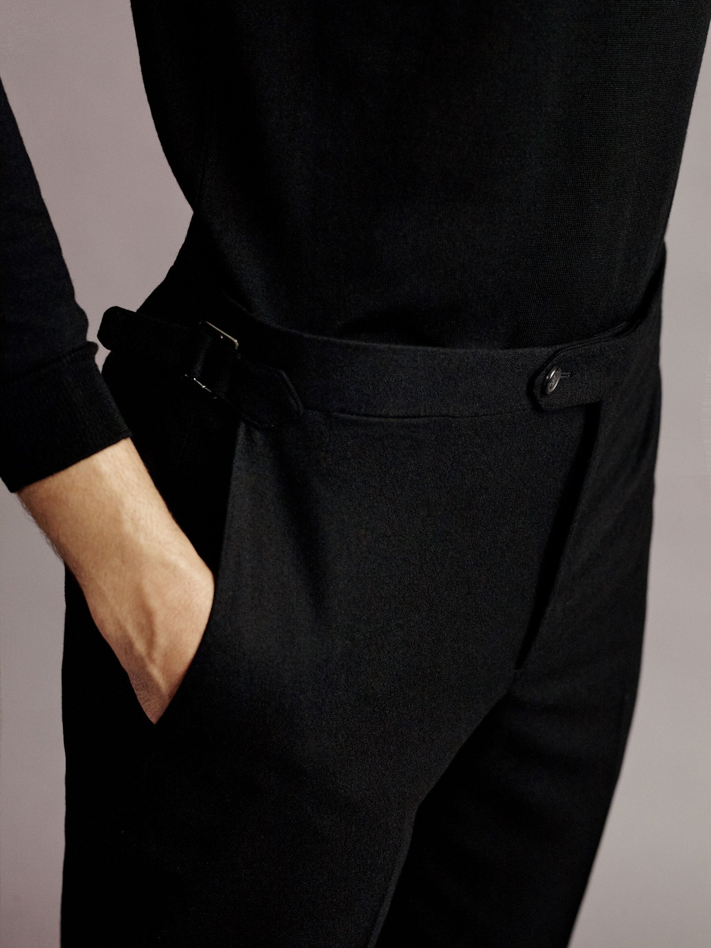 Flannel Flat Front Tailored Trousers Black Detail Model Image