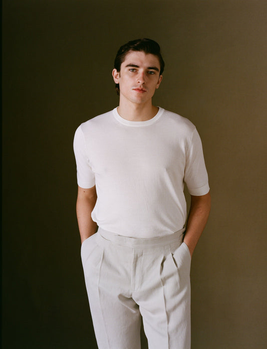 White Crepe Cotton Short Sleeve T-shirt On Model