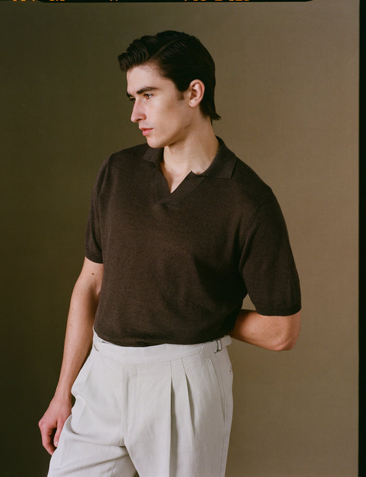 Dark Brown Linen Polo Shirt on Model