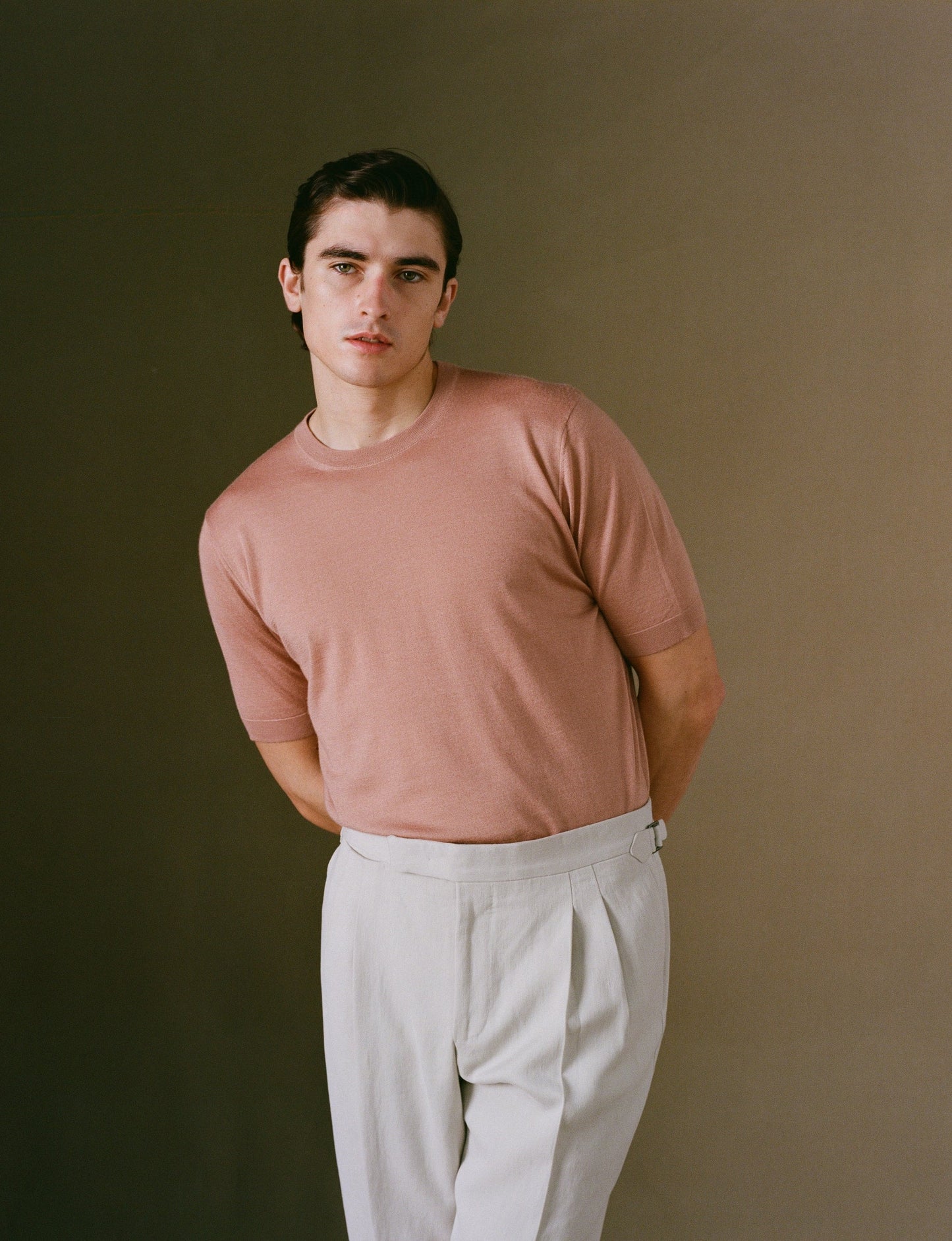 Salmon cashmere short sleeve t-shirt on model