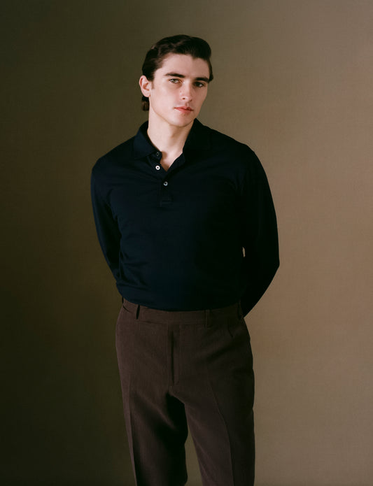 Navy Polo Shirt Long Sleeve on model