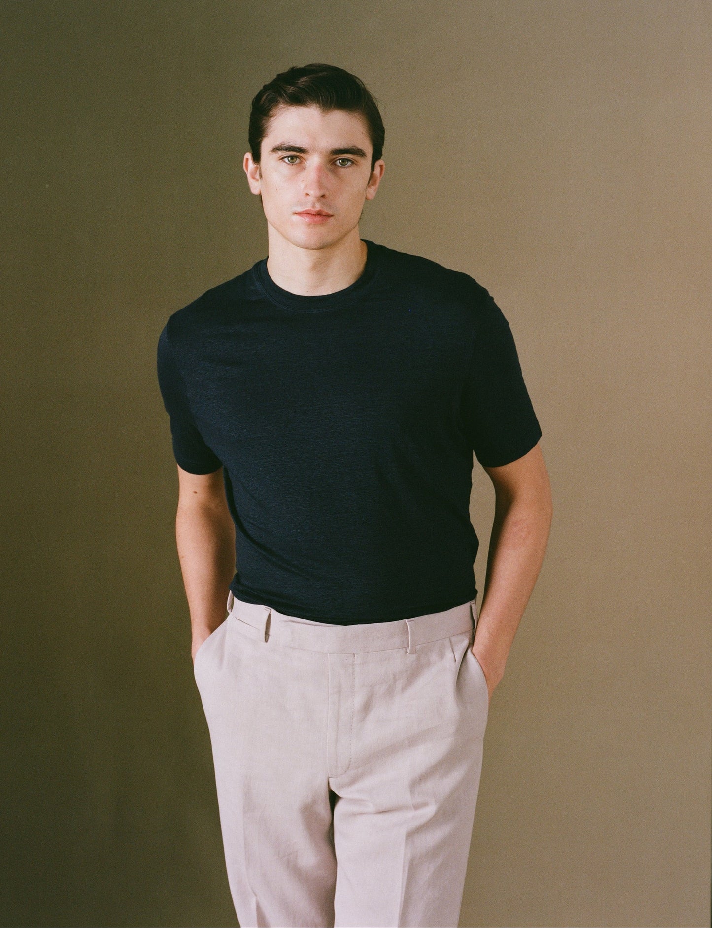 Navy linen short sleeve t-shirt on model