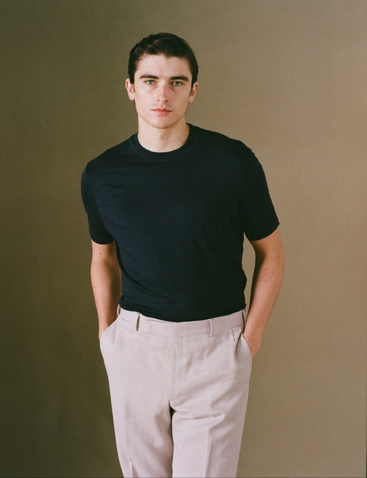 Navy linen short sleeve t-shirt on model