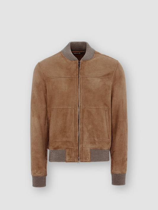 Suede Shearling Baseball Bomber Jacket Brown Product Image