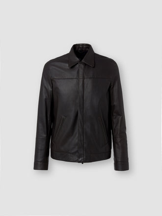 Leather Shirt Collar Bomber Jacket Brown Product Image