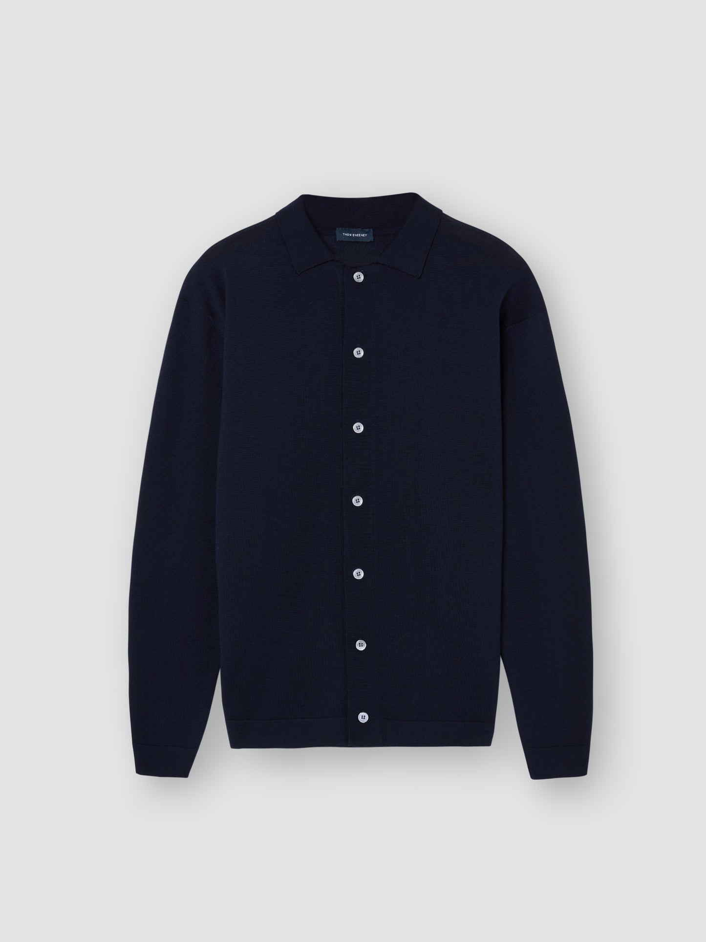 Merino Wool Extrafine Long Sleeve Button Through Polo Shirt Navy Product Image