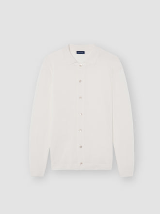 Merino Wool Extrafine Long Sleeve Button Through Polo Shirt Off White Product Image