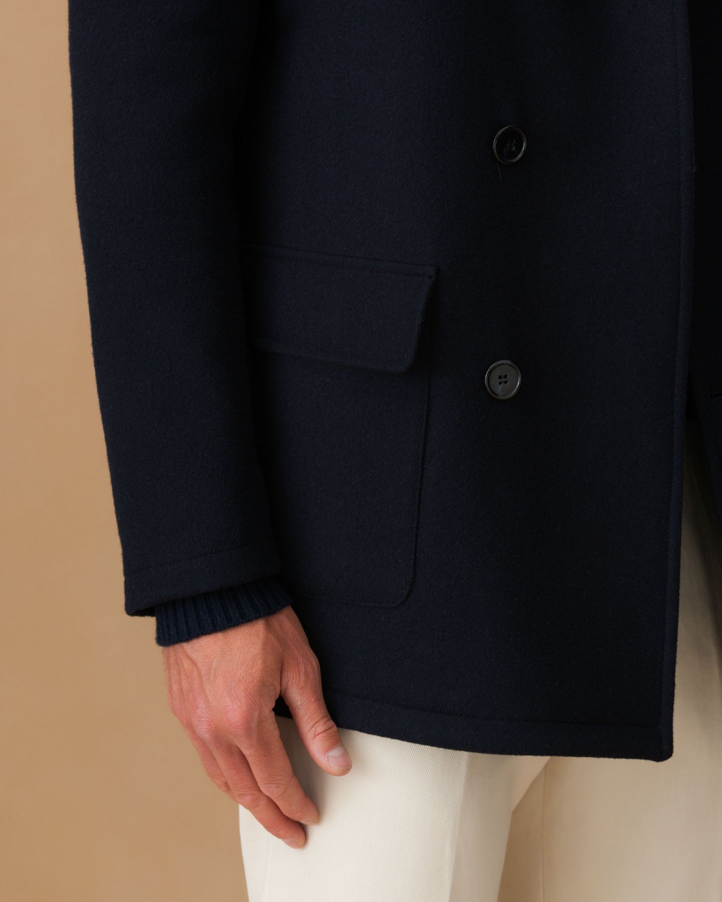 Double Wool Pea Coat Navy Model Sleeve Image 