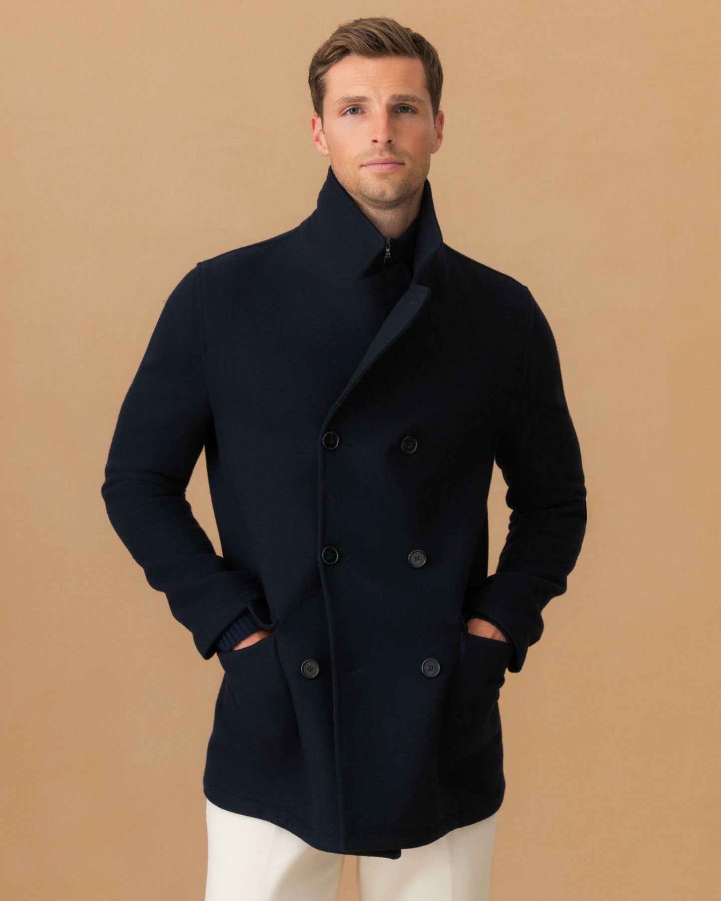 Double Wool Pea Coat Navy Model Cropped Image