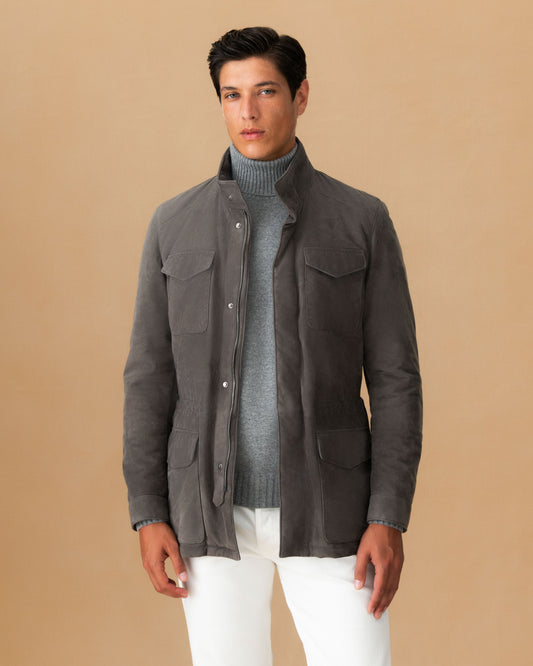 Suede Field Jacket Brown Model Cropped Image 