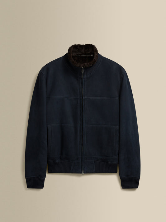 Suede Sheepskin Mock Collar Bomber Jacket Navy Product Image