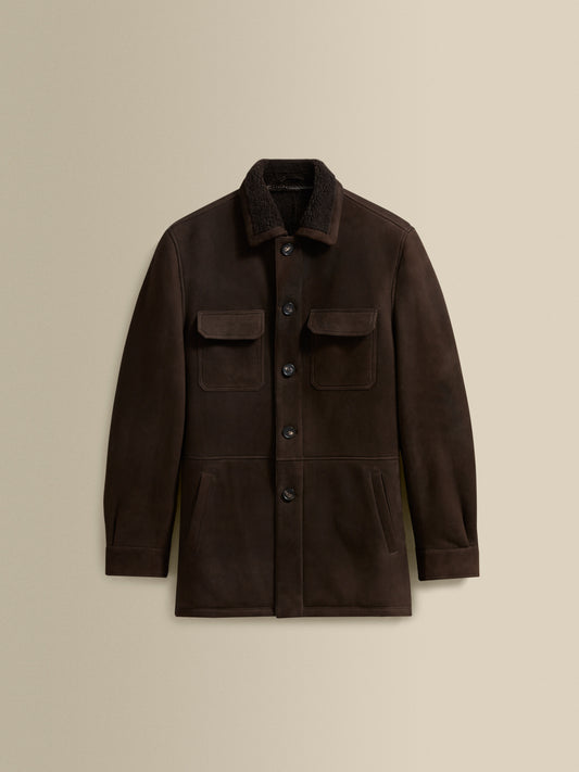 Suede Shearling Button Through Jacket Dark Brown Product Image