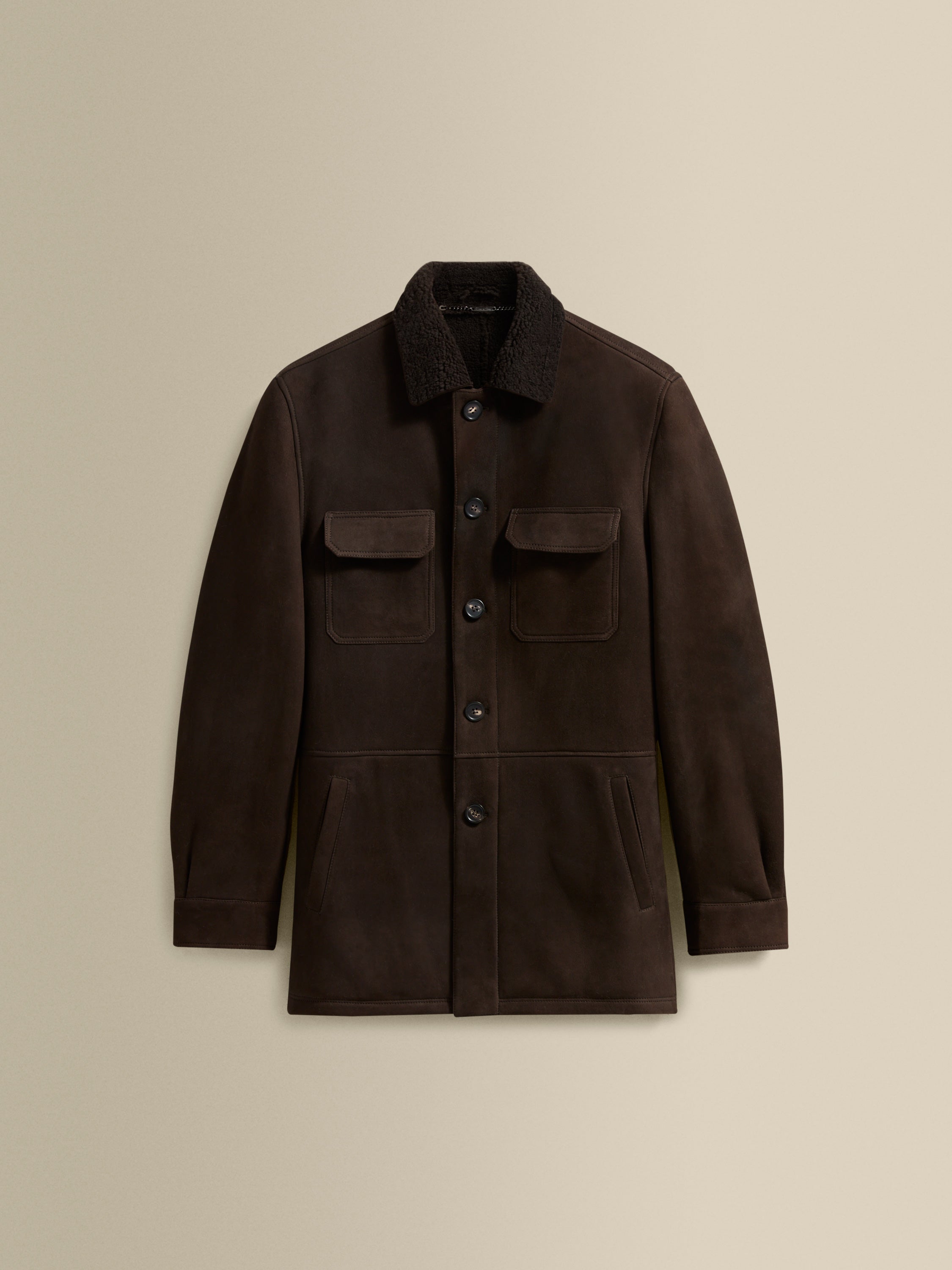 Suede Shearling Button Through Jacket Dark Brown Product Image