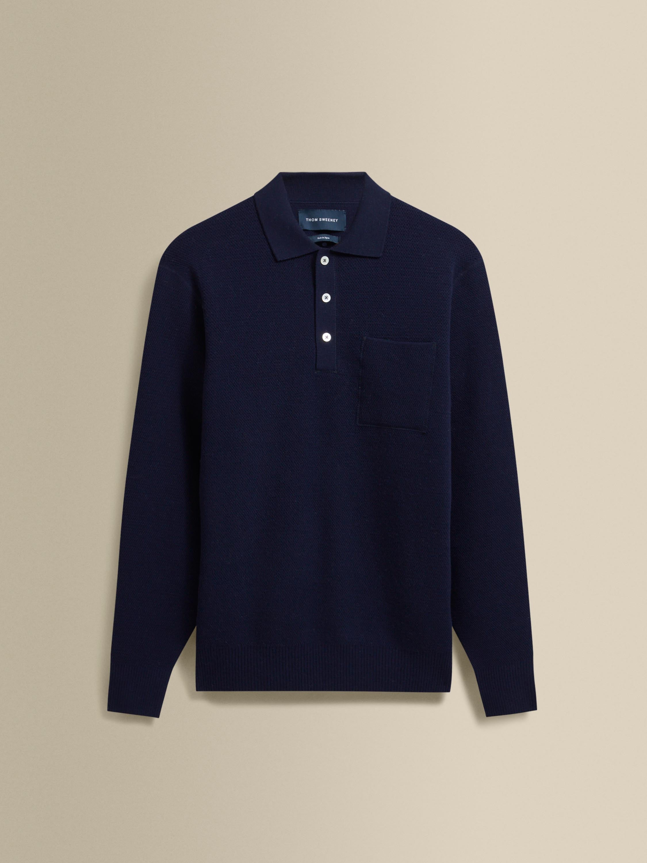 Wool Long Sleeve Polo Shirt Navy Product Image