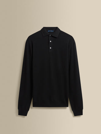 Knitted Merino Wool Long Sleeve Polo Shirt Black Product Image