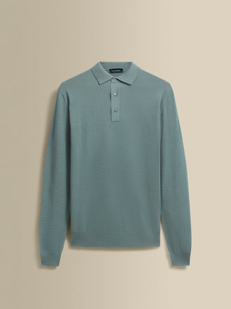 Knitted Merino Wool Long Sleeve Polo Shirt Light Blue Product Image