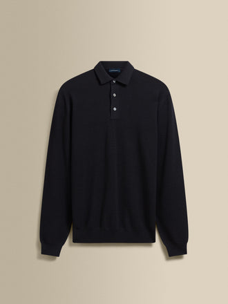 Knitted Merino Wool Long Sleeve Polo Shirt Navy Product Image