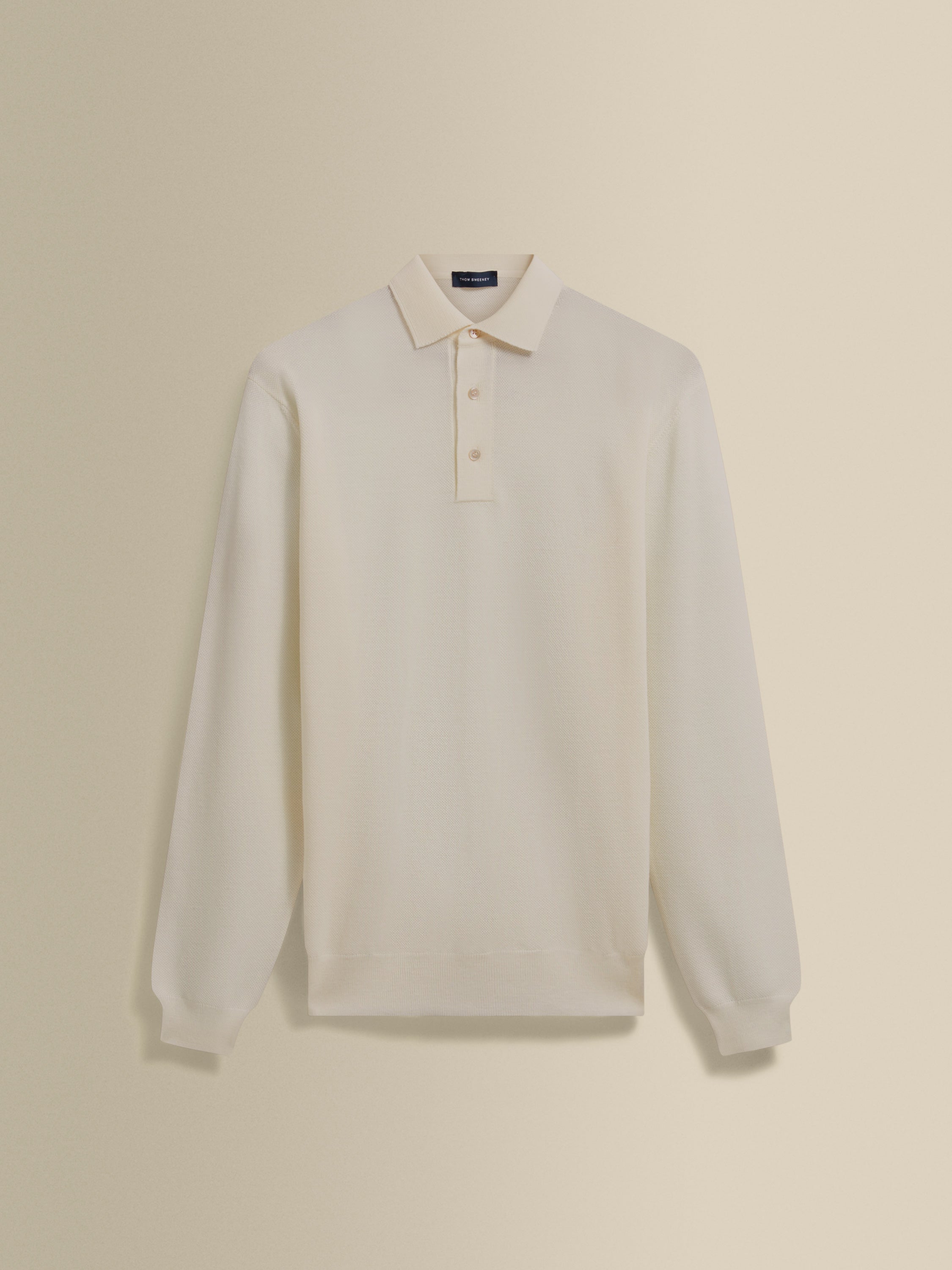 Knitted Merino Wool Long Sleeve Polo Shirt Off White Product Image