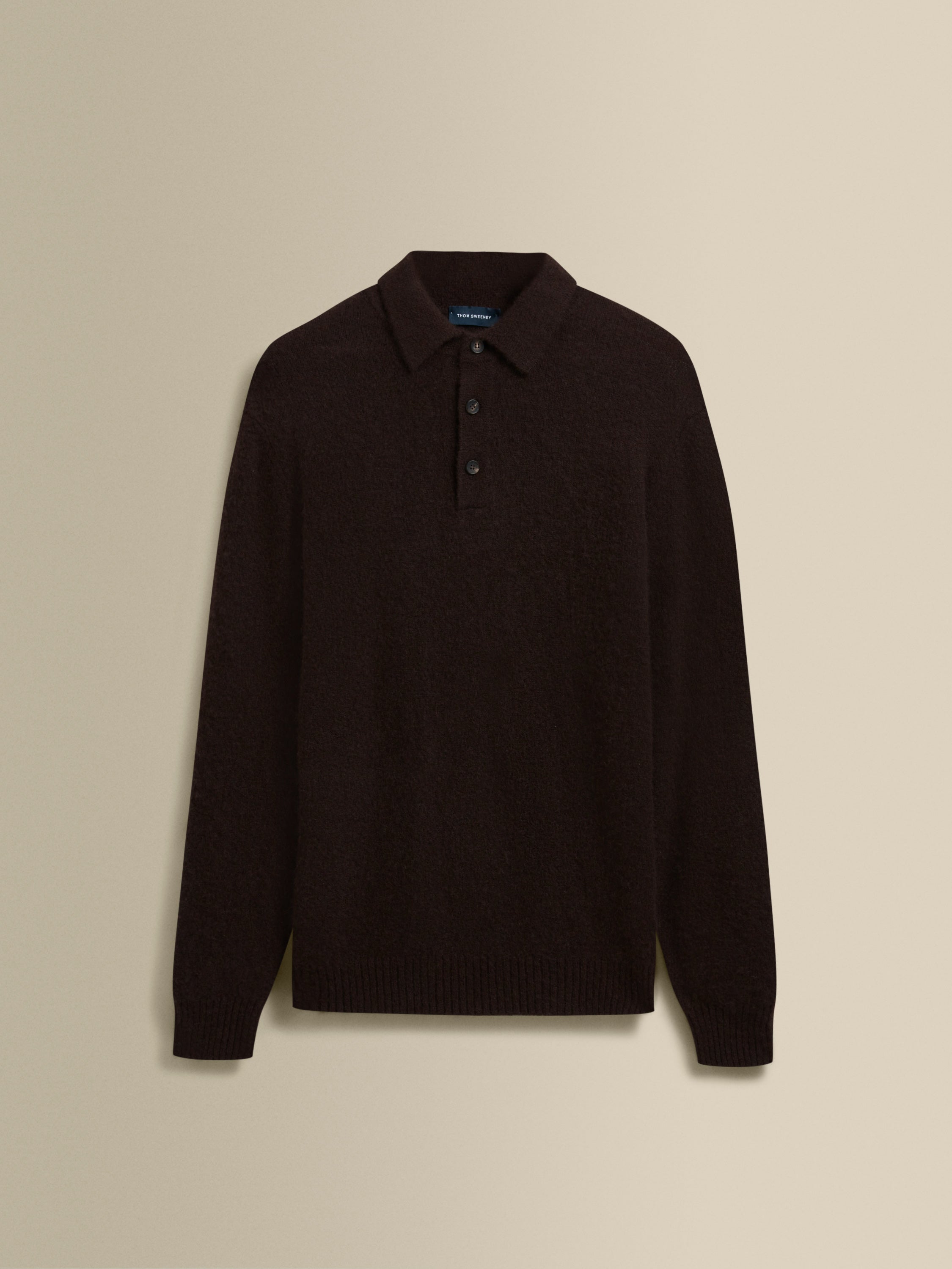 Brushed Cashmere Silk Long Sleeve Polo Shirt Dark Brown Product Image