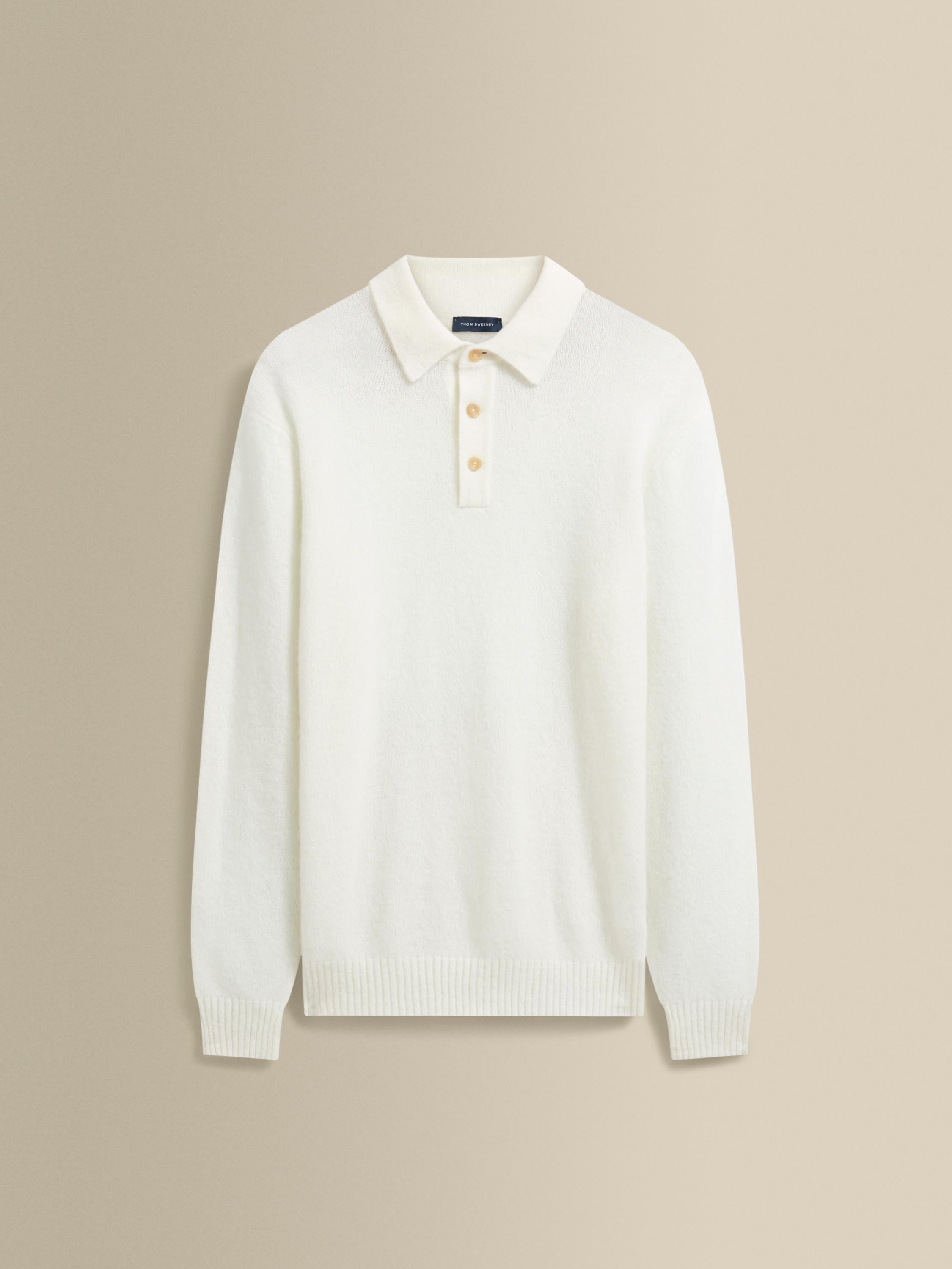 Brushed Cashmere Silk Long Sleeve Polo Shirt White Product Image