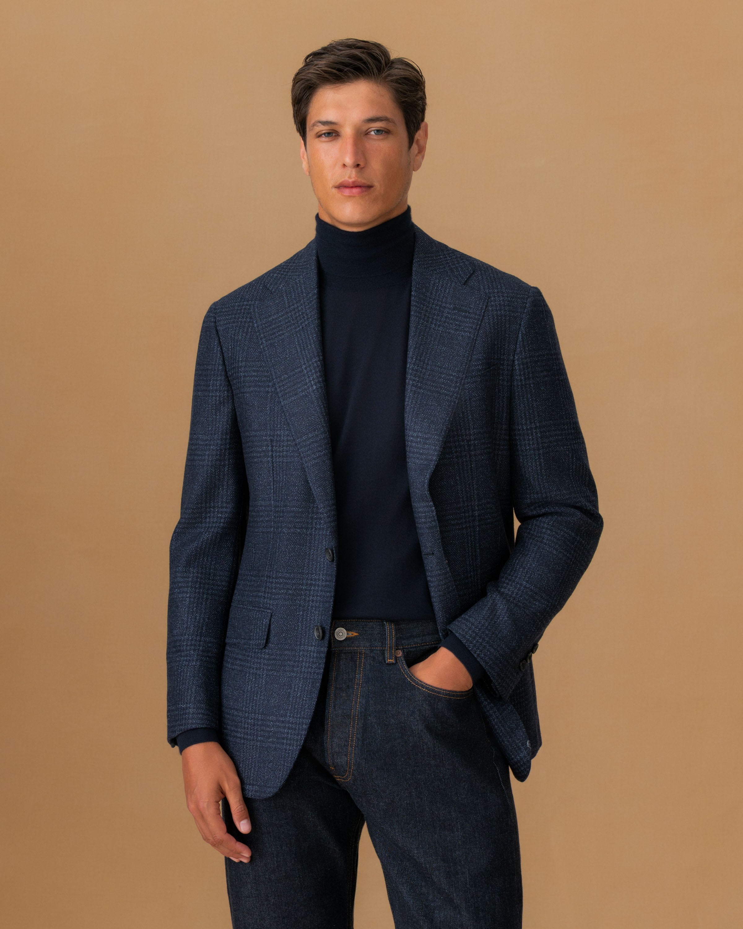 Cashmere Single Breasted Jacket Navy Cropped Model Image