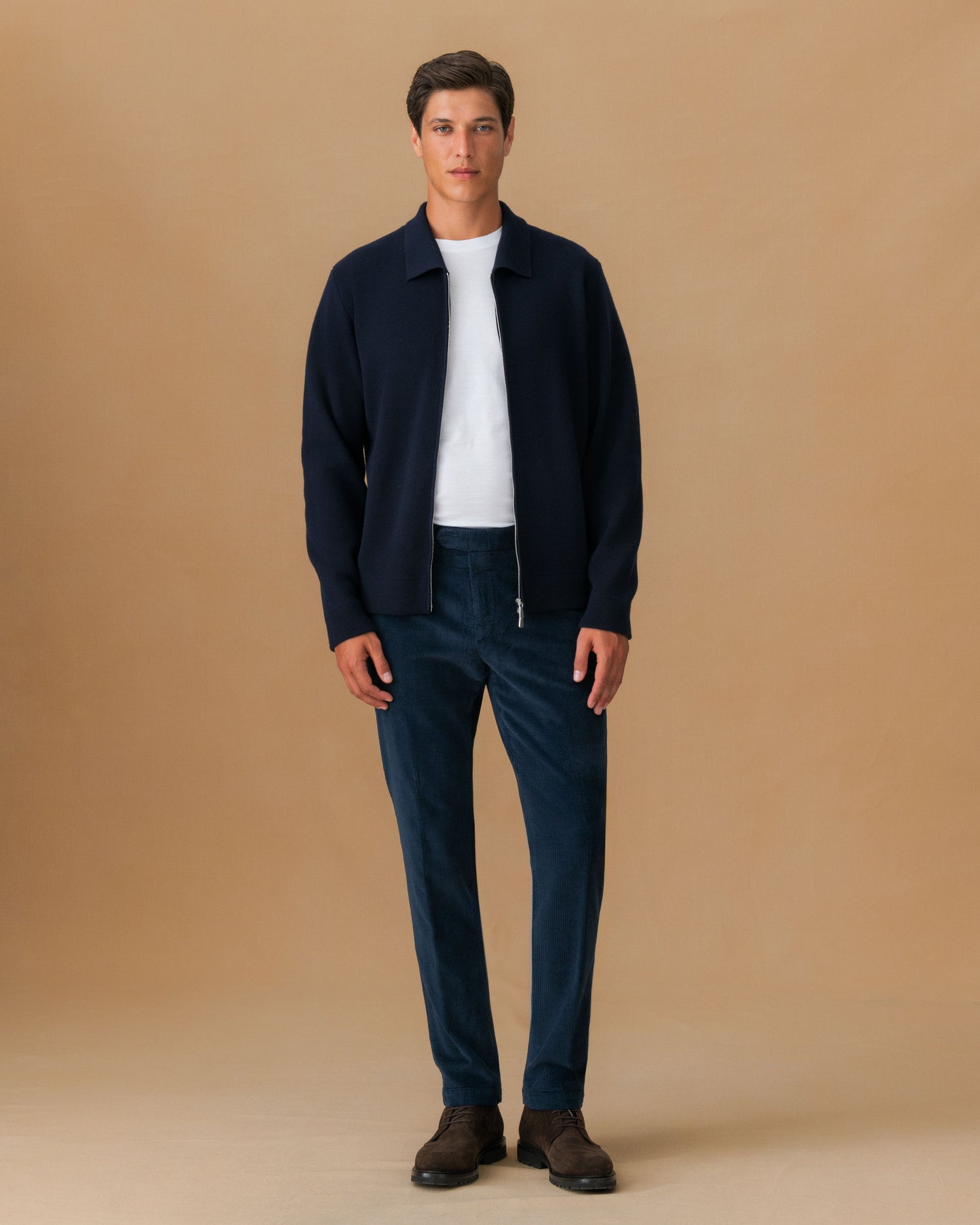 Corduroy Flat Front Chinos Navy With Bomber Model Image