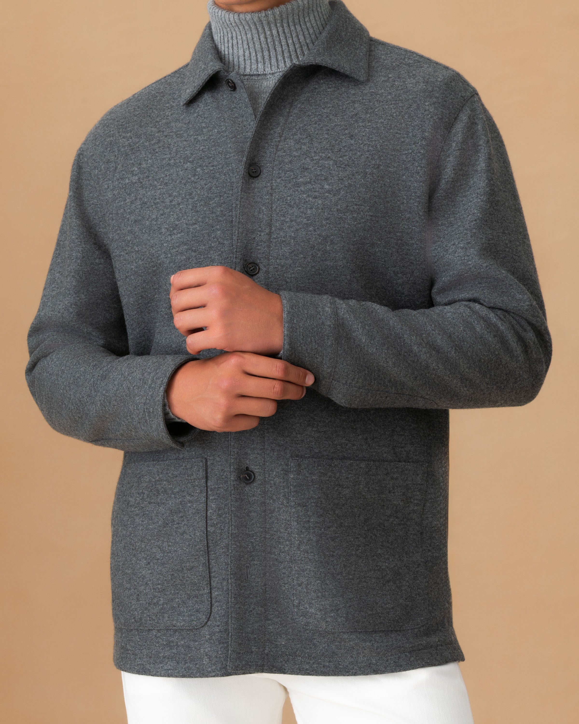Cashmere Button Through Overshirt Grey Cropped Model Image