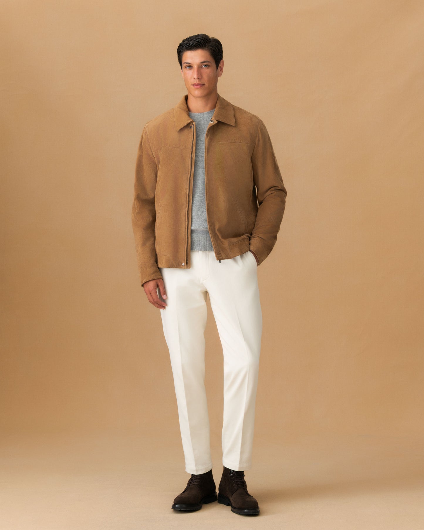 Grained Leather Zip-Through Shirt Collar Bomber Jacket Main Model Image