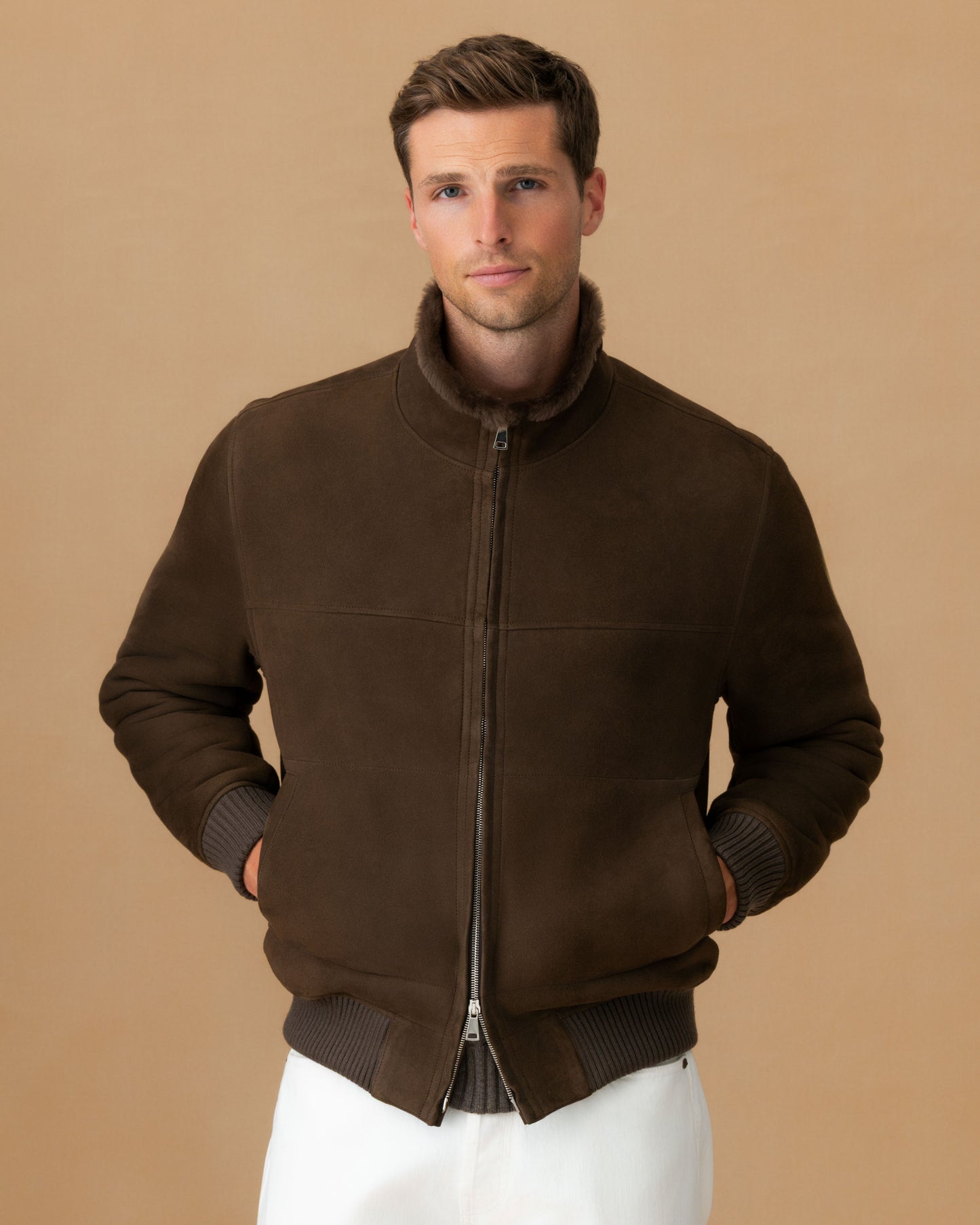 Suede Shearling Mock Collar Bomber Jacket Caffe Cropped Model Image