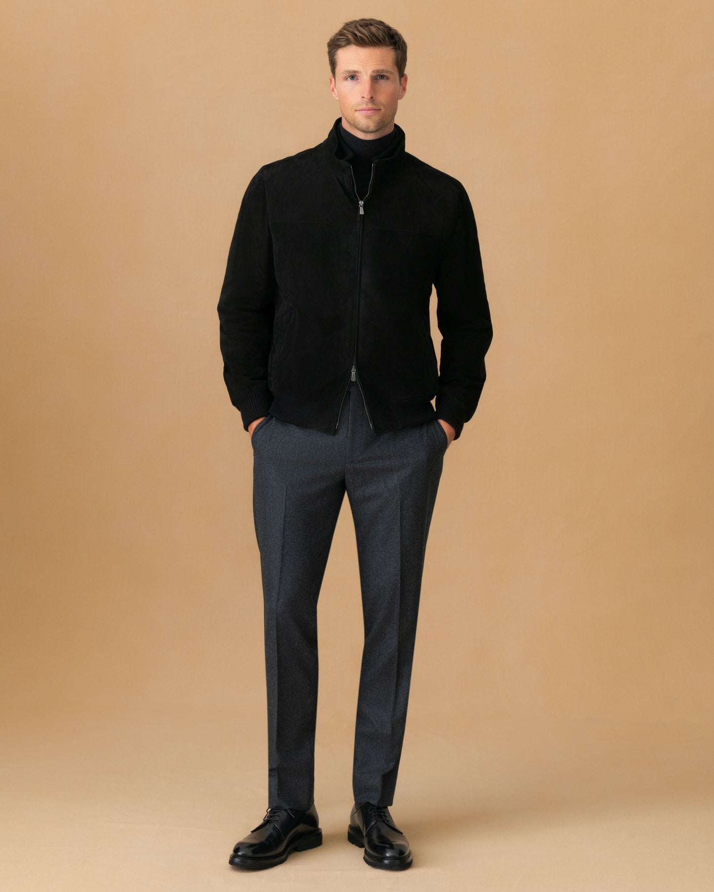 Flannel Flat Front Tailored Trousers Grey Model Main Image
