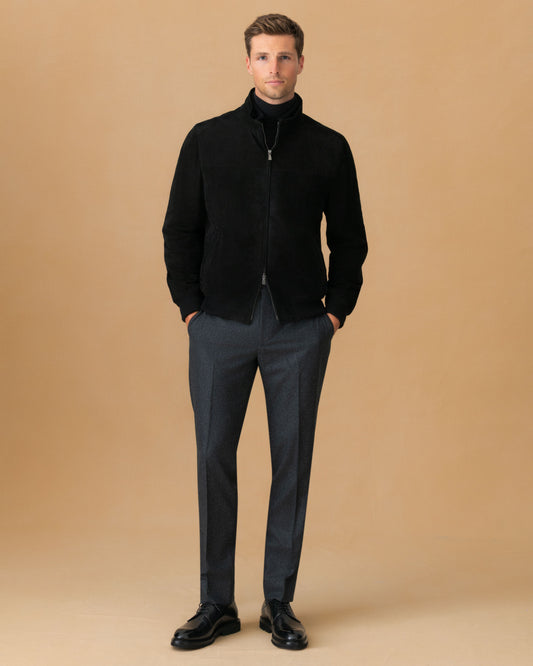 Flannel Flat Front Tailored Trousers Grey Model Main Image