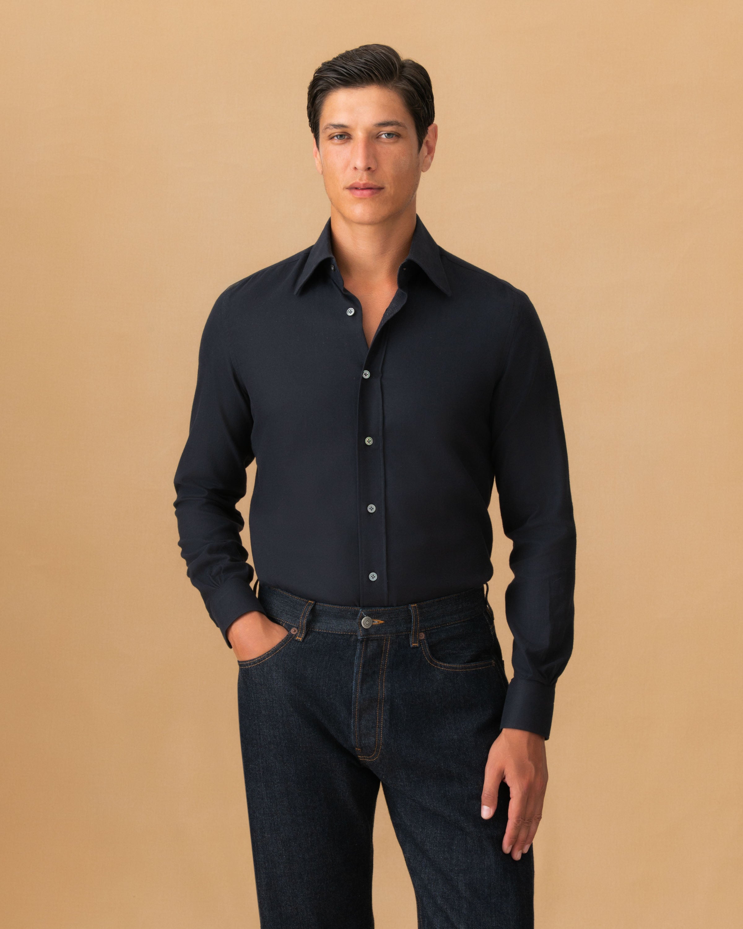 Flannel Point Collar Shirt Black Cropped Model Image