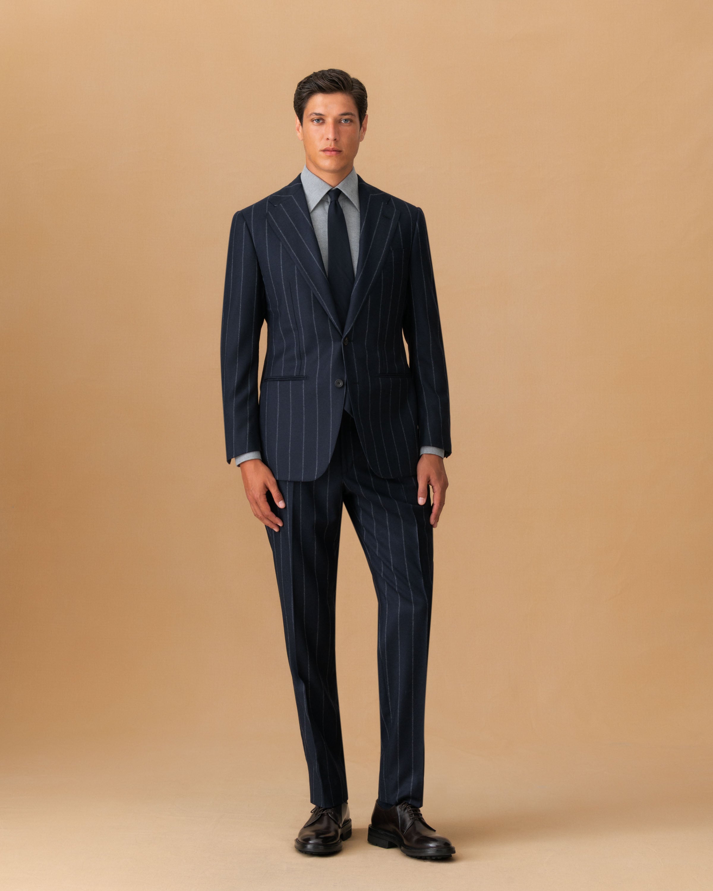 Wool Cashmere Single Breasted Suit Navy Pin Stripe Jacket Main Model Image