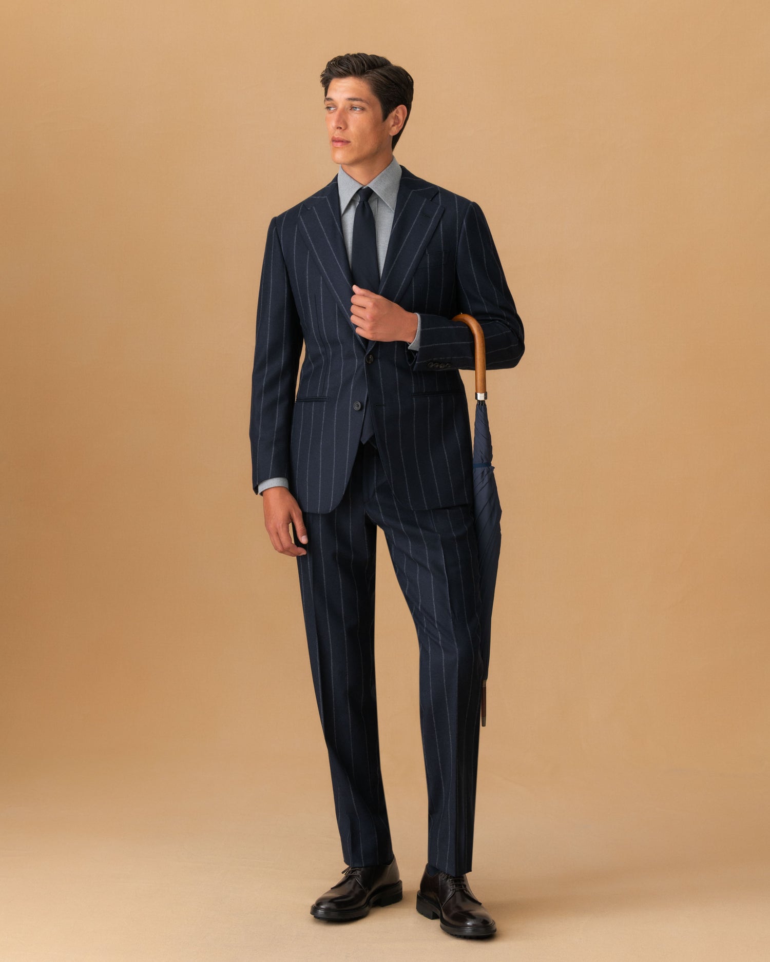 Wool Cashmere Single Breasted Suit Navy Pin Stripe Suit Main Styled Model Image