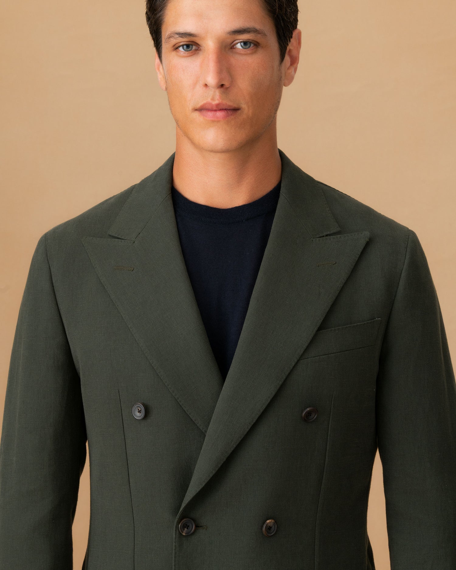 Linen Unstructured Double Breasted Peak Lapel Suit Olive Jacket Cropped Model Image