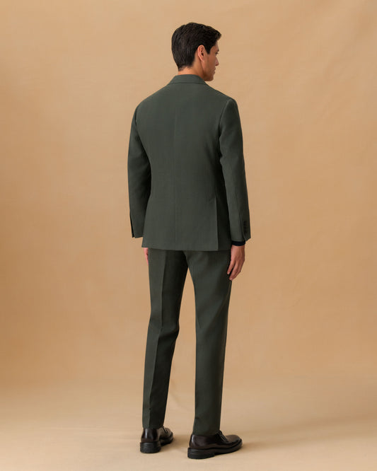 Linen Unstructured Double Breasted Peak Lapel Suit Olive Jacket Back Model Image