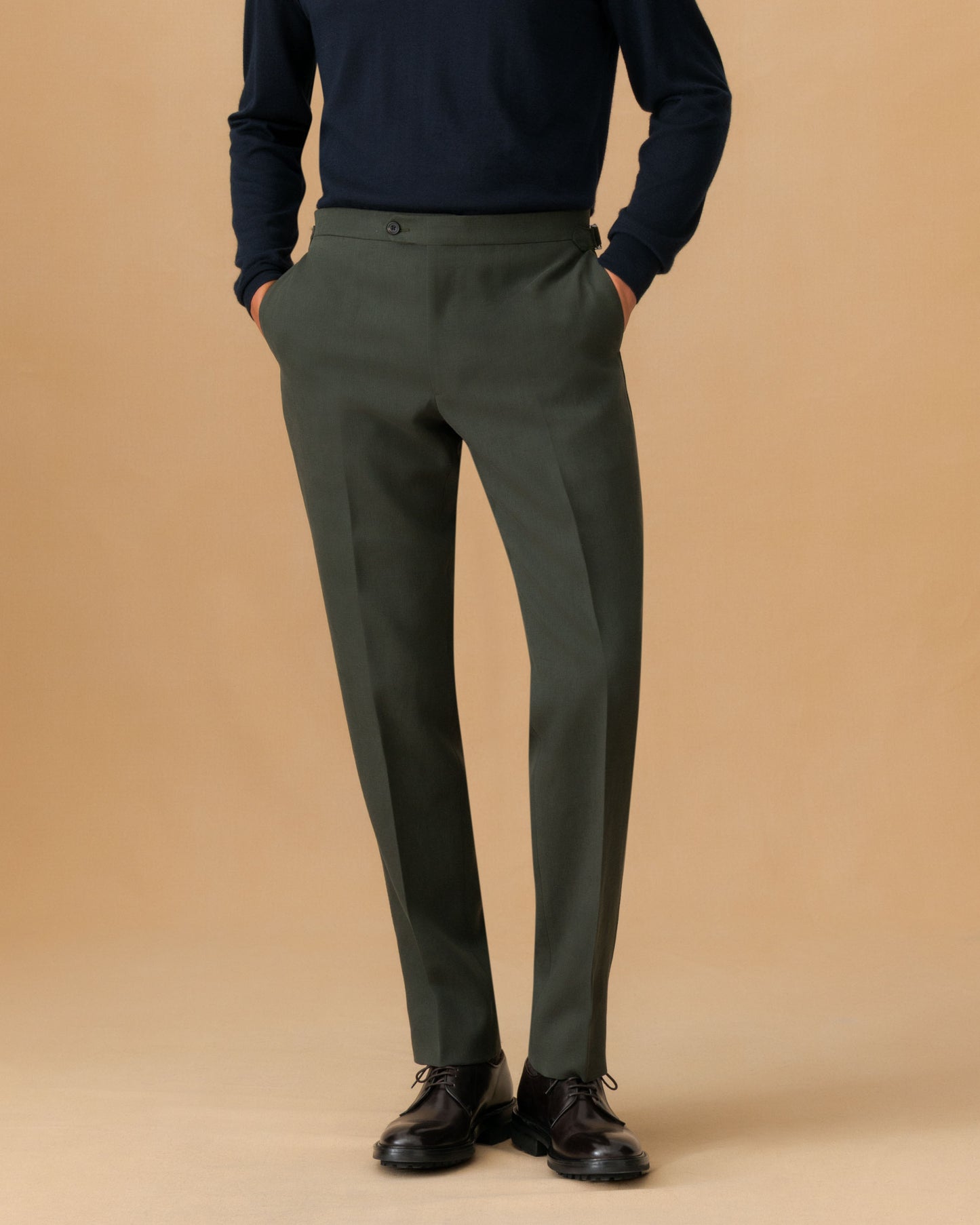 Linen Unstructured Double Breasted Peak Lapel Suit Olive Trouser Cropped Model Image