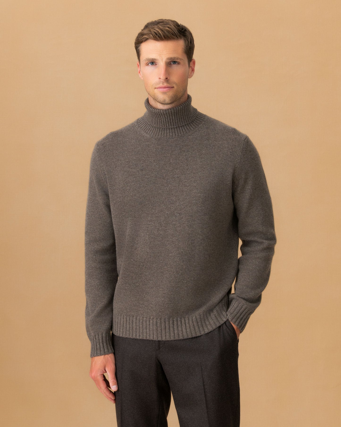 Cashmere Roll Neck Sweater Mid Brown  Cropped Model Image
